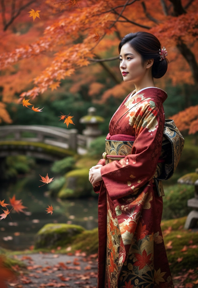 kimono femme motifs érable japonais momiji