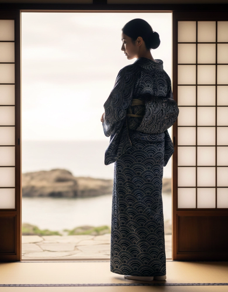 kimono femme motifs Seigaiha vagues bleues