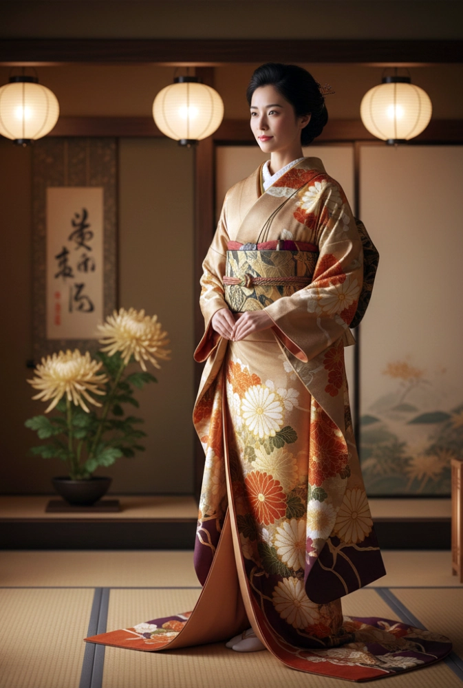 kimono femme motifs chrysanthème Kiku