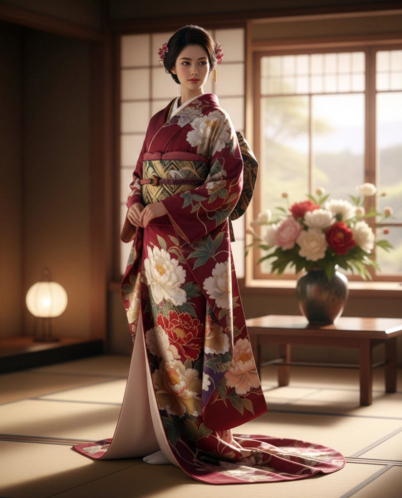 kimono femme motif pivoinebotan