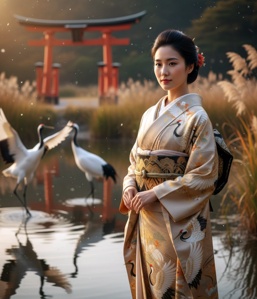 kimono femme motifs grues japonaises Tsuru