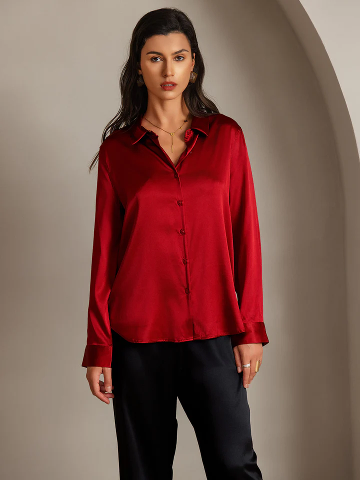 chemise soie boutonnée rouge