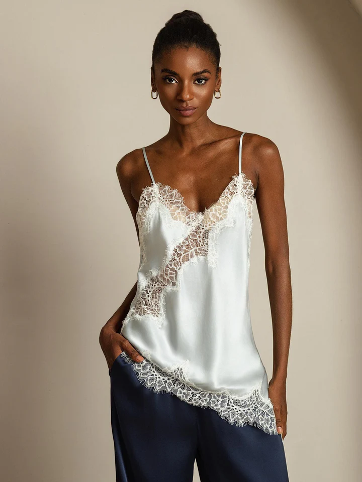 débardeur soie coupe asymétrique dentelle blanc