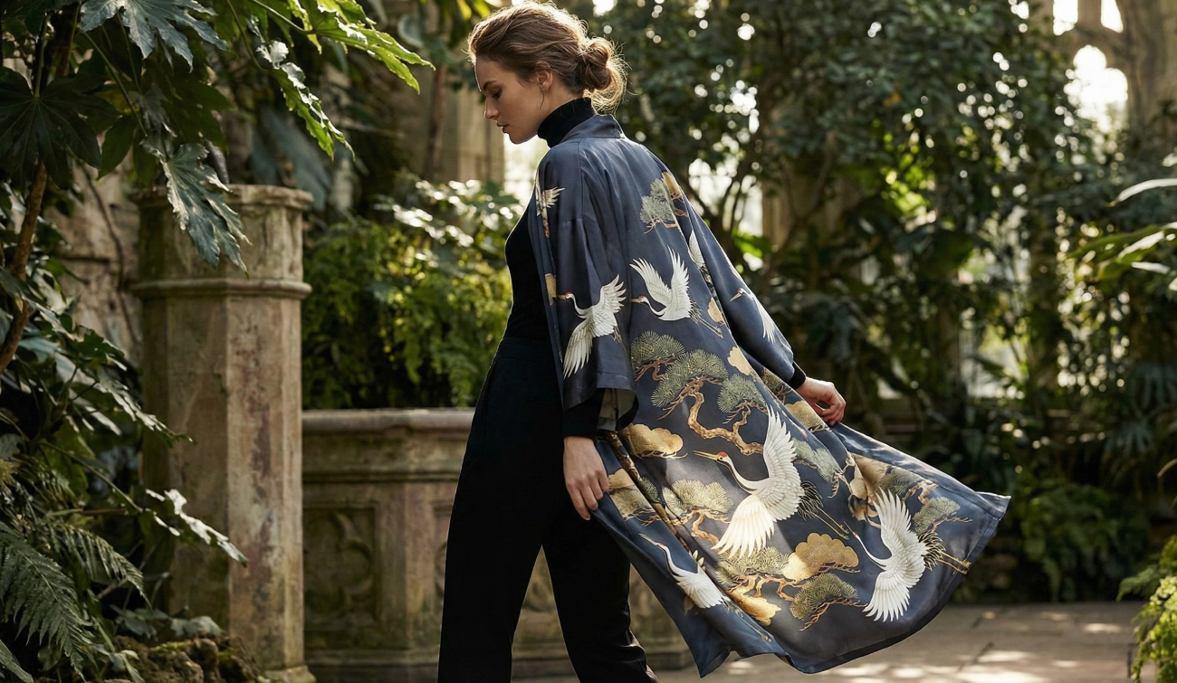 kimono femme imprimé "grue japonaise"