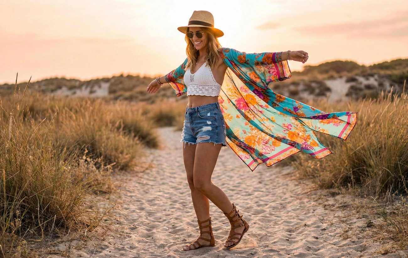 kimono soie Look 4 : le style bohème estival