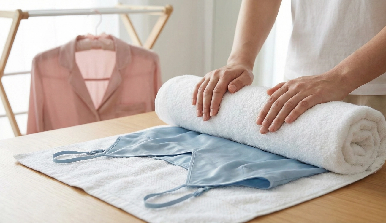 séchage des vetements en soie avec une serviette